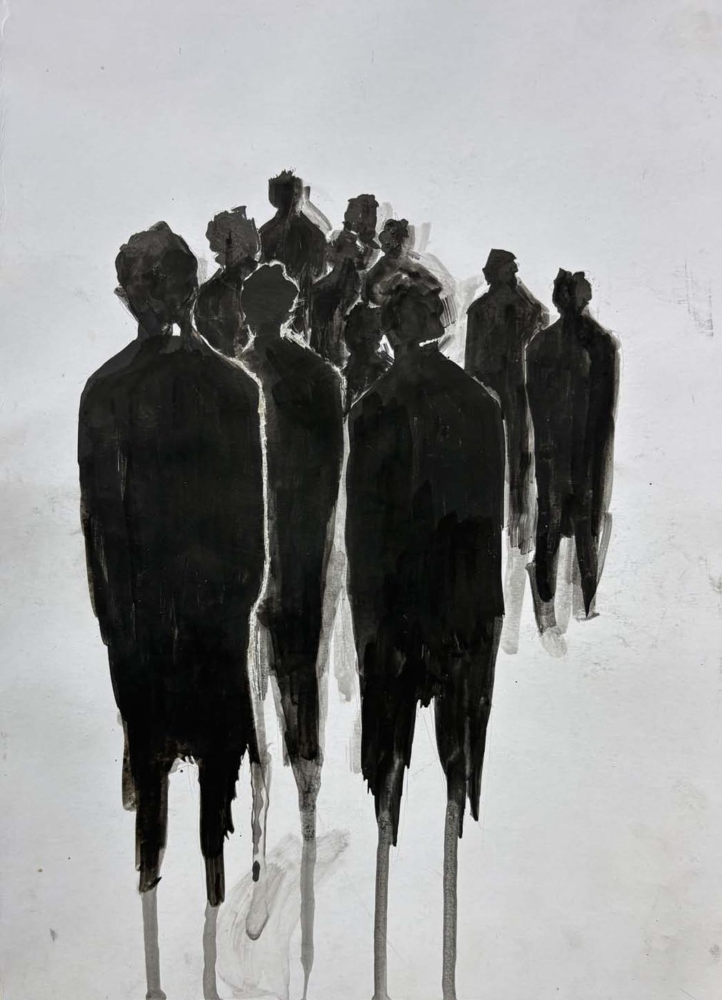 A group of dark standing figures in ink.