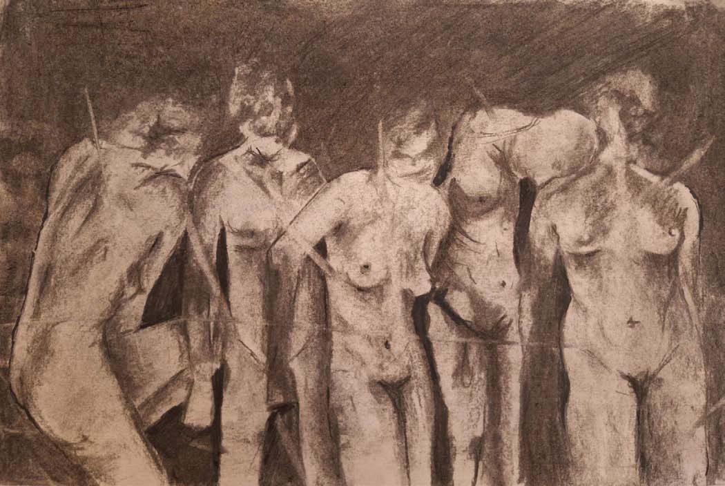 Charcoal drawing of five standing nude figures, and a photograph documenting the drawing left in a public park.