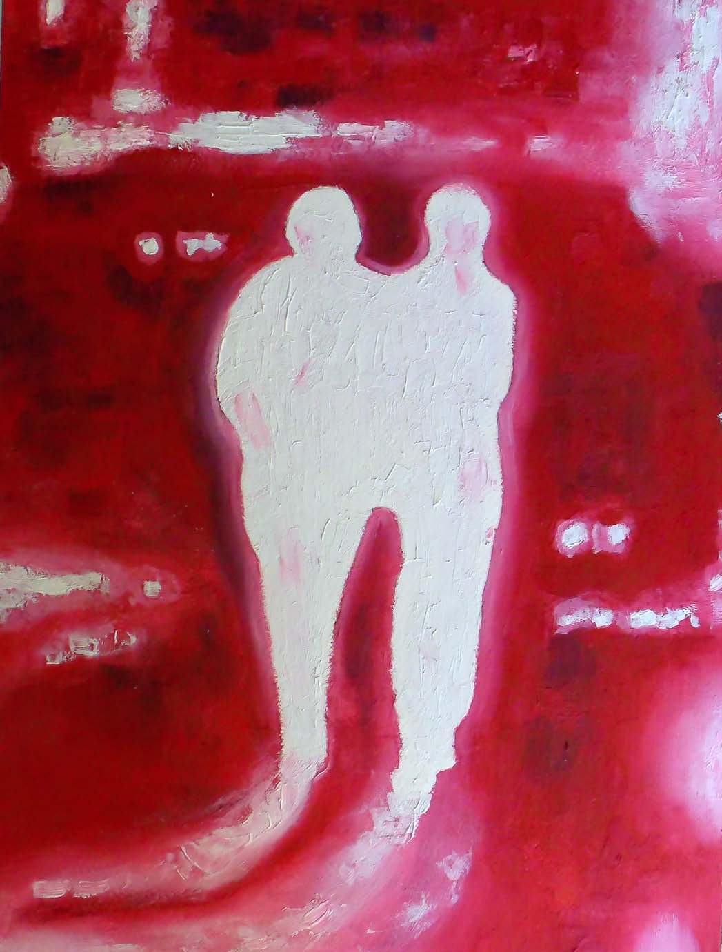 Two pale embracing figures against a red ground.