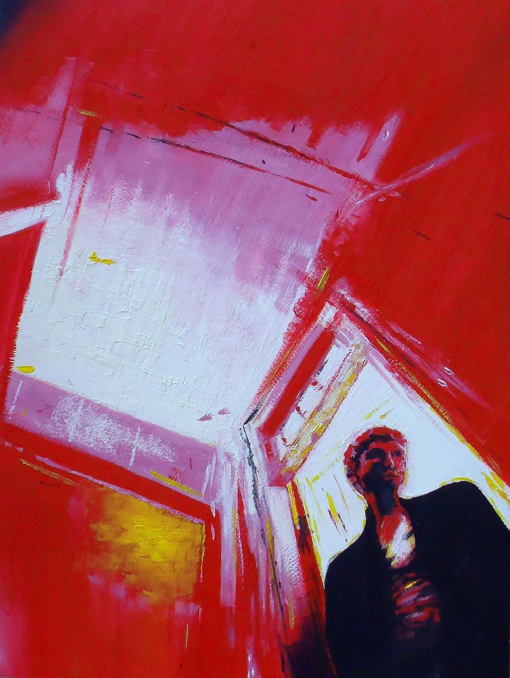 A figure glimpsed through a doorway in a bright red corridor.