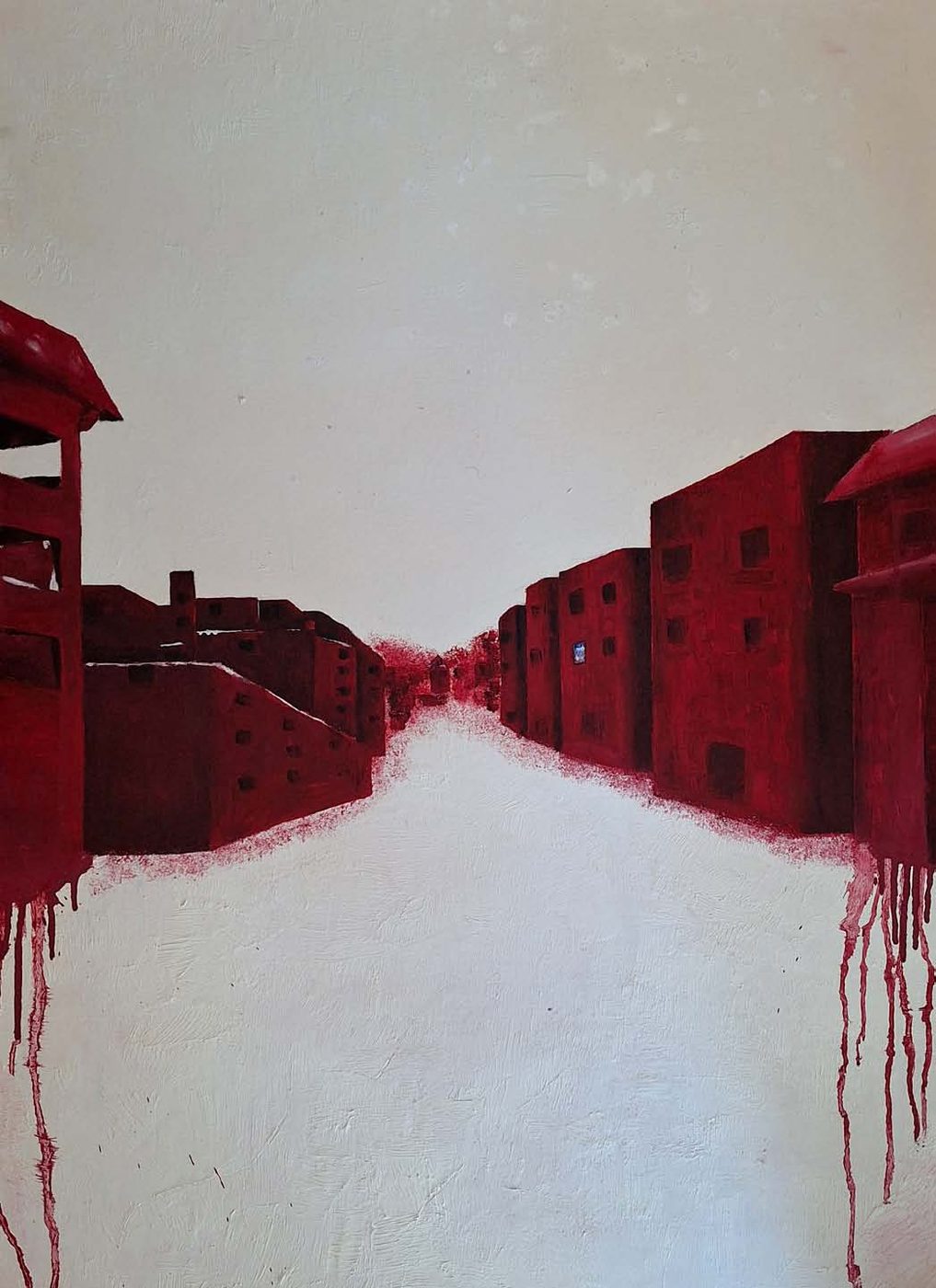 A red-bleeding street scene receding into a pale sky.
