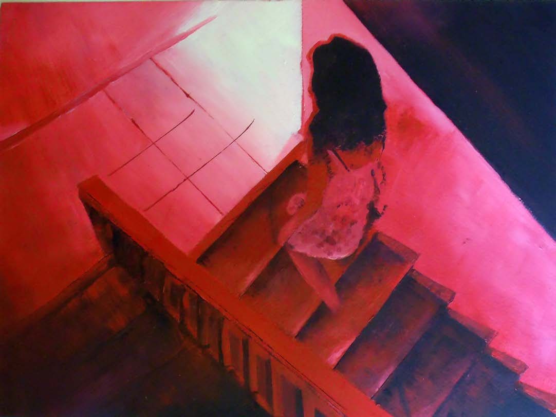 A figure descending a stairwell seen from above.