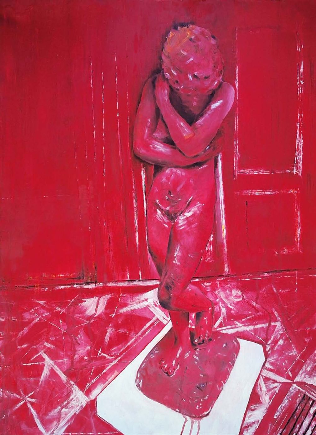 A solitary red-toned nude figure standing in a crimson interior.