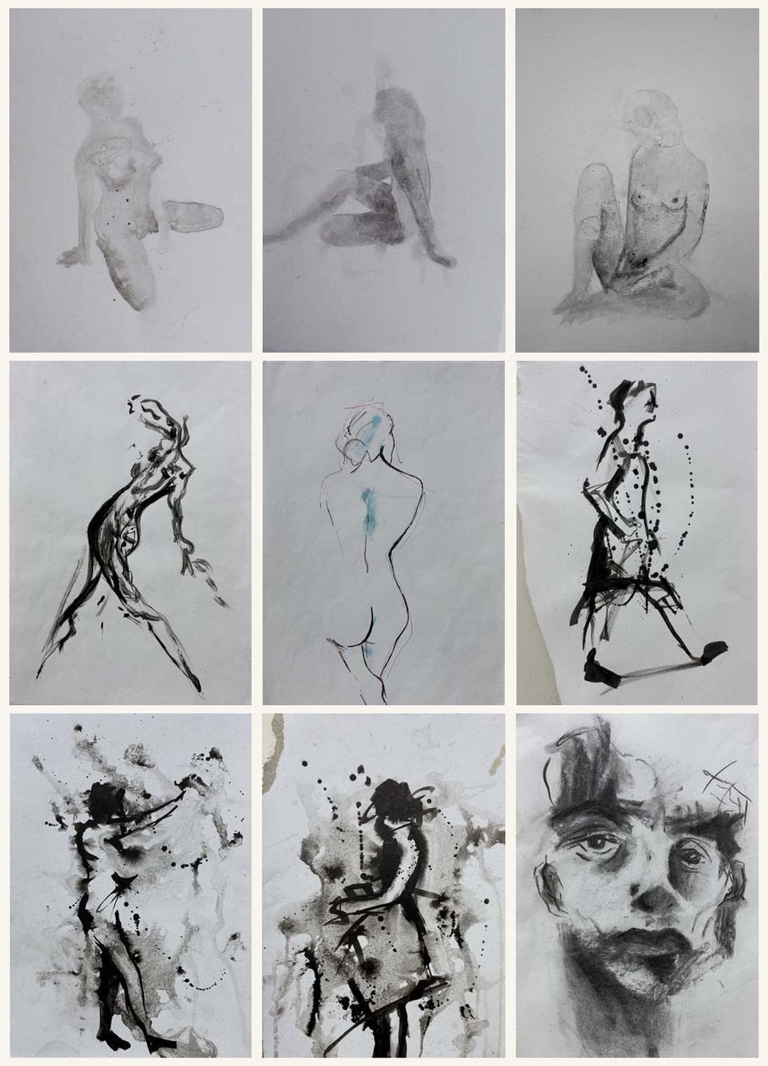 Grid of nine figure studies and portraits in ink and charcoal, mostly from life-drawing sessions.